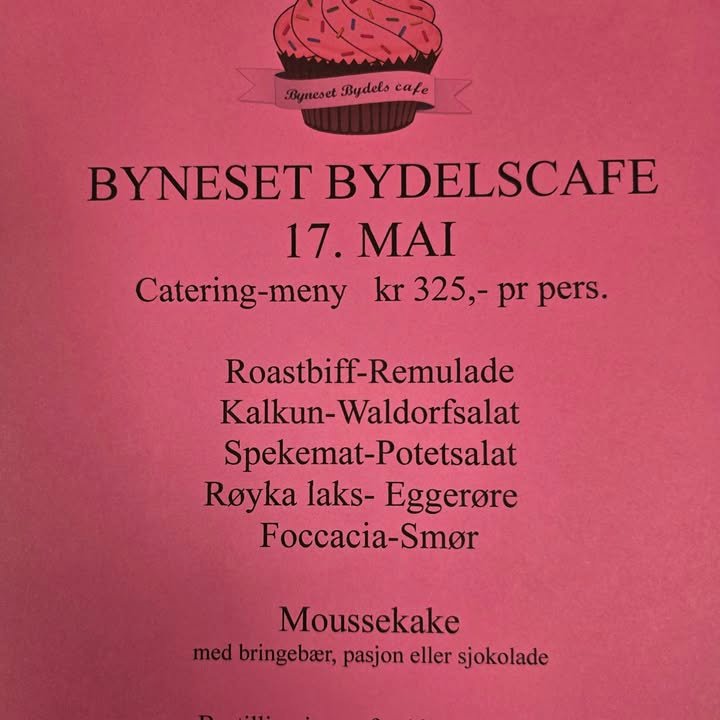 17. mai catering-meny – roastbiff, spekemat, røykt laks og moussekake.